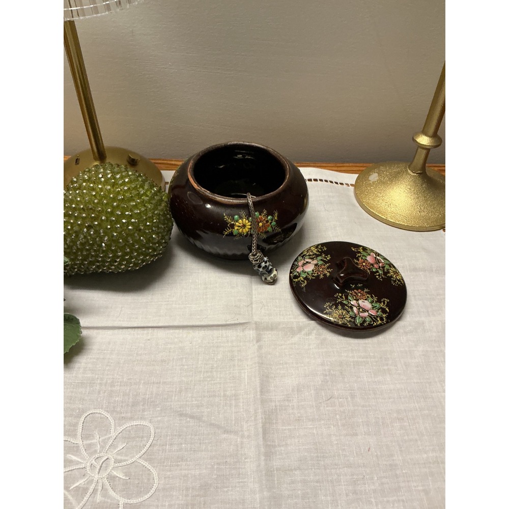 Vintage Made in Japan Brown Ceramic Floral Ginger Jar Trinket Bowl with Lid - Picture 3 of 7